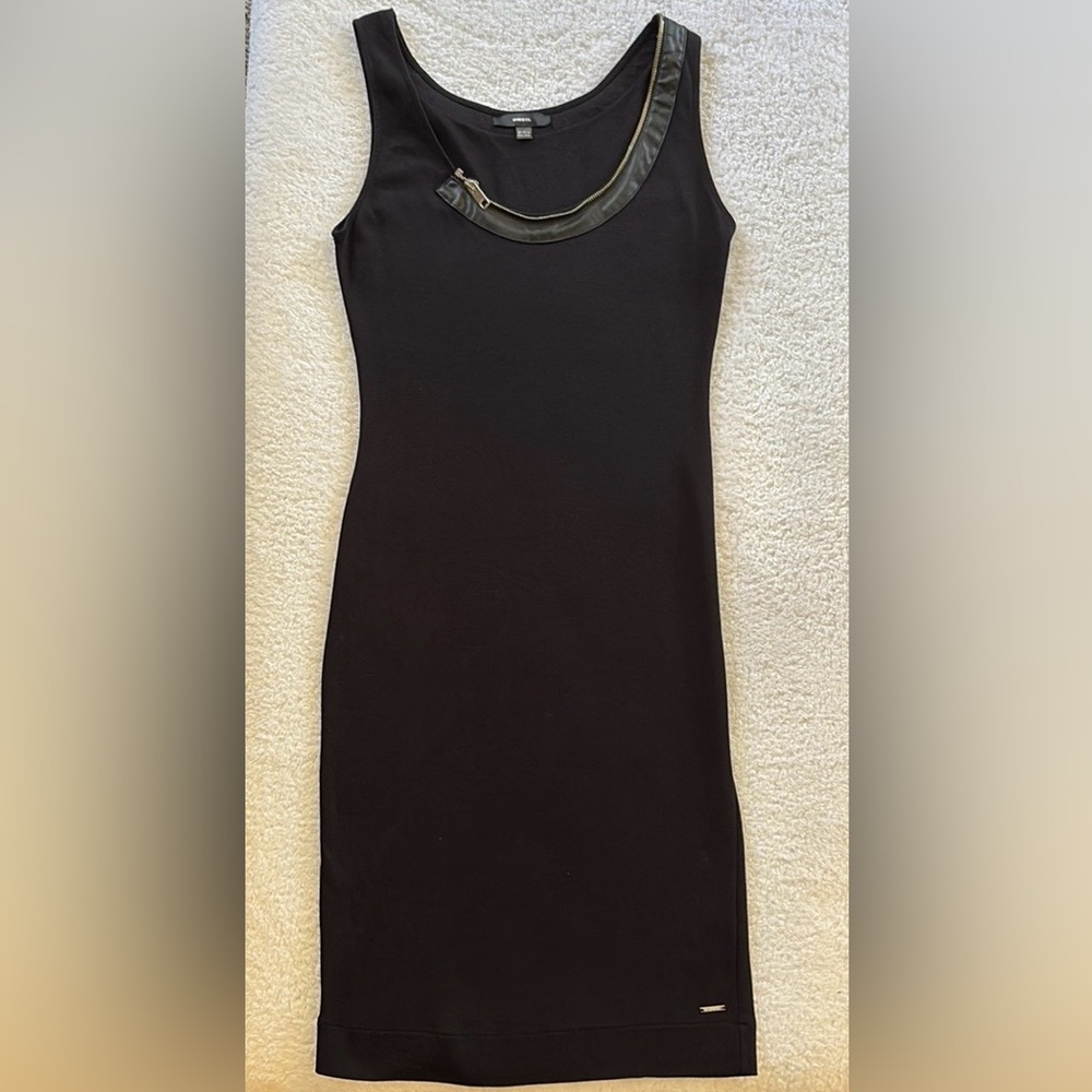 Diesel Black Mini Dress with Leather-Trim Scoop Neck